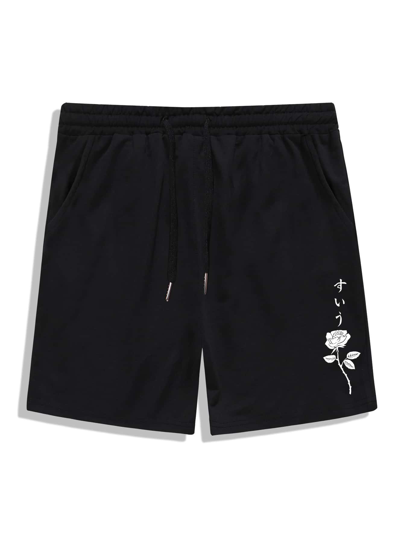 ROMWE MEN Guys Rose Graphic Drawstring Shorts - Black - View 1