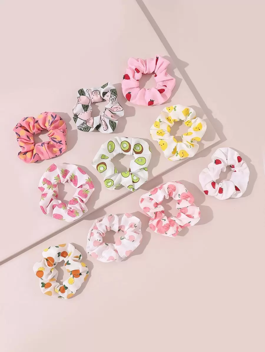 10入組小女童水果圖案大腸發繩 - 彩色 - 查看 1
