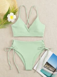 Rib Surplice Neck Top & Tie Side Bottom Bikini Set, For Summer Beach Vacation - Mint Green - View 1