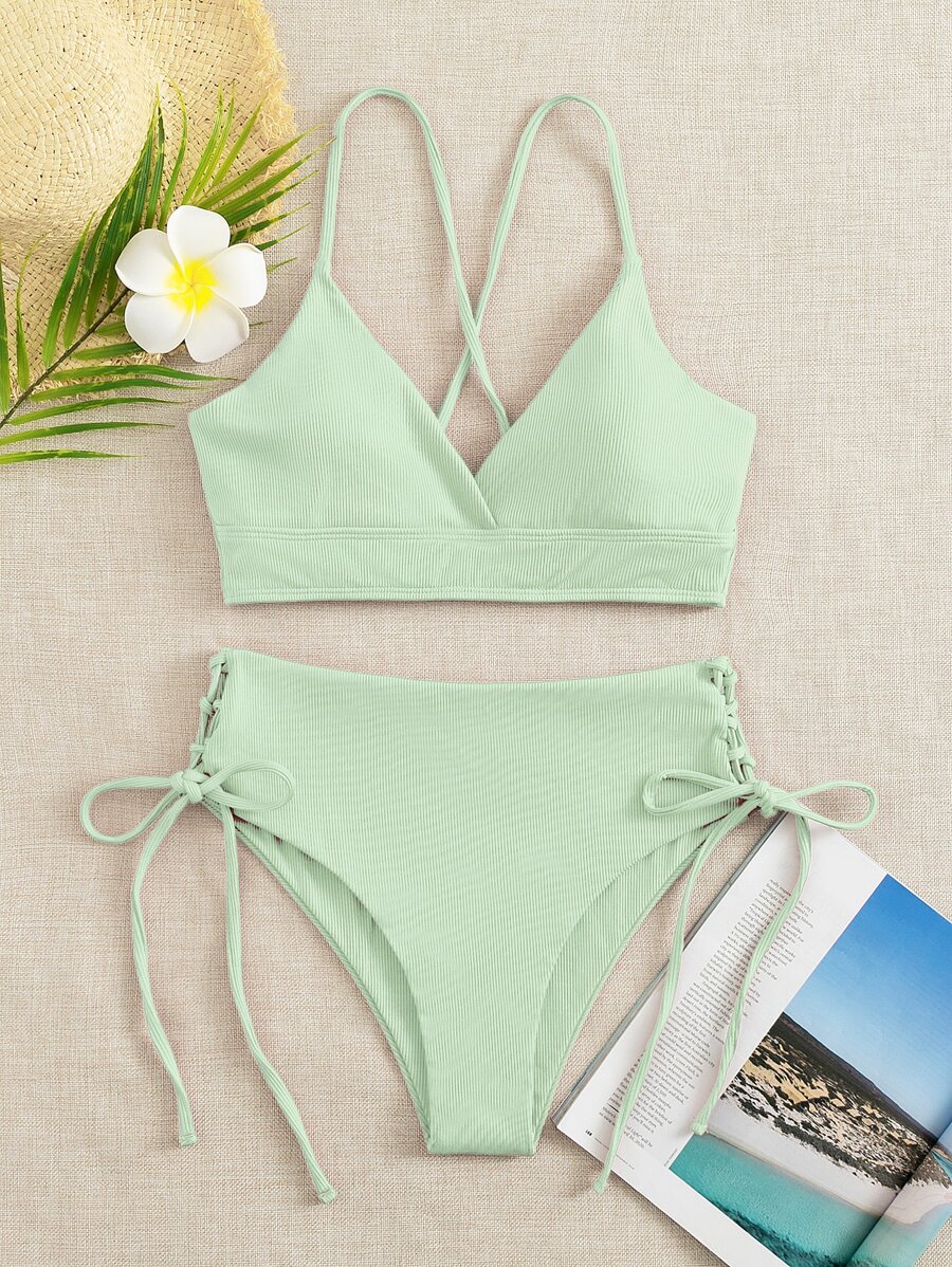 Rib Surplice Neck Top & Tie Side Bottom Bikini Set, For Summer Beach Vacation - Mint Green - View 1