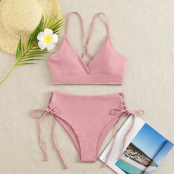 

Rib Surplice Neck Tie Side Bikini Swimsuit, Pastel baby pink