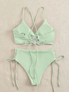 Rib Surplice Neck Top & Tie Side Bottom Bikini Set, For Summer Beach Vacation - Mint Green - View 2