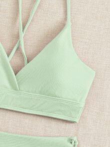 Rib Surplice Neck Top & Tie Side Bottom Bikini Set, For Summer Beach Vacation - Mint Green - View 3