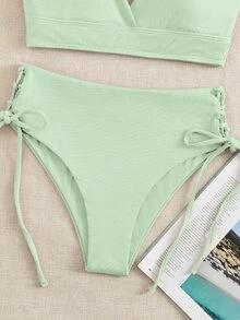 Rib Surplice Neck Top & Tie Side Bottom Bikini Set, For Summer Beach Vacation - Mint Green - View 4