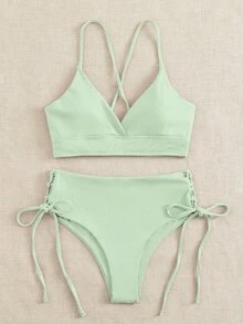 Rib Surplice Neck Top & Tie Side Bottom Bikini Set, For Summer Beach Vacation - Mint Green - View 5