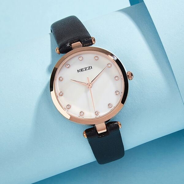 

Rhinestone Decor Round Pointer Quartz Watch