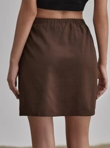 Flap Pocket Solid Cargo Skirt - Chocolate Brown - View 2