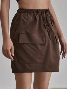 Flap Pocket Solid Cargo Skirt - Chocolate Brown - View 5