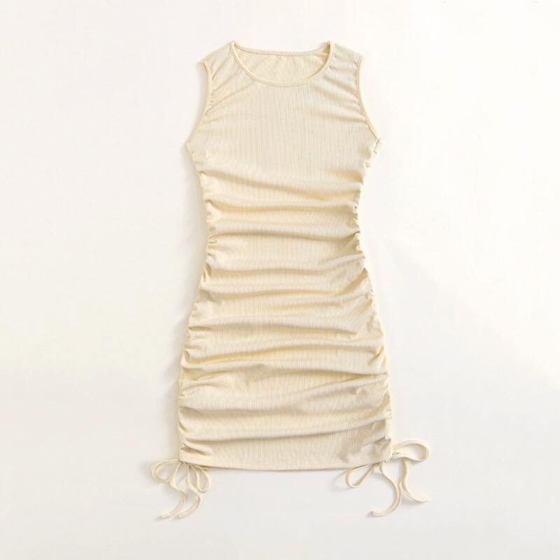 

Solid Drawstring Side Ruched Dress, Beige
