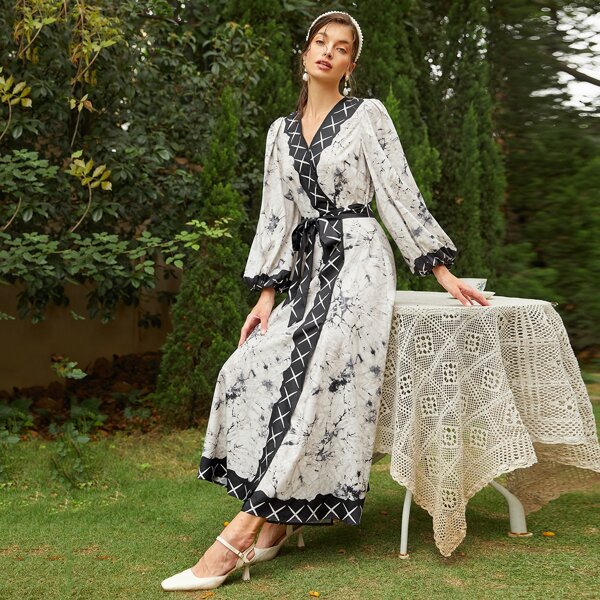 

Geo Print Tie Dye Lantern Sleeve Belted Dress, Black and white