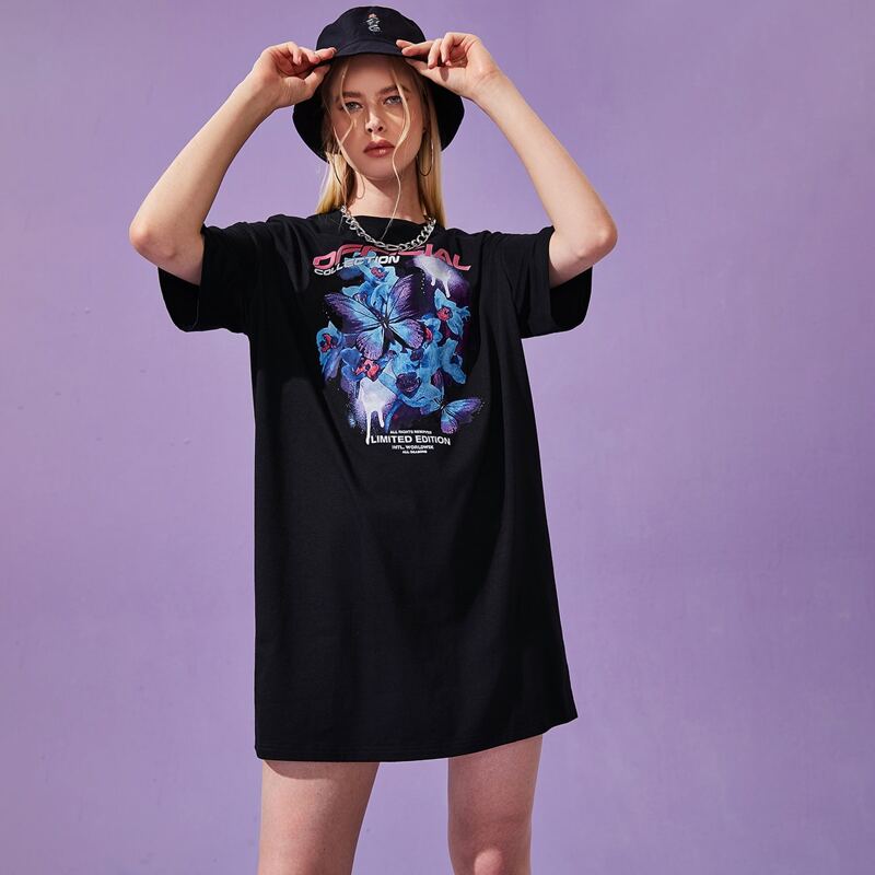 

Letter Butterfly Graphic Tee Dress, Black