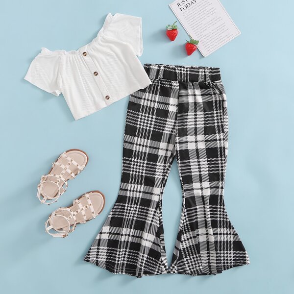 

Toddler Girls Button Front Tee With Plaid Print Flare Leg Pants, Black and white