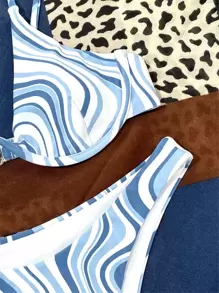 SHEIN Swim Summer Beach Wave Print Underwire Bikini Set - Light Grey - View 3