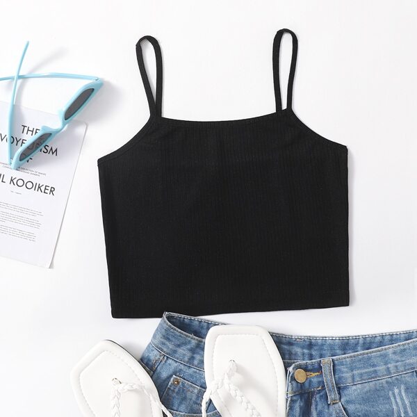 

Solid Rib-knit Cami Crop Top, Black