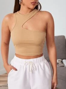 SHEIN Essnce 不對稱肩短版上衣 - 杏色 - 查看 1