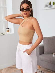 SHEIN Essnce 不對稱肩短版上衣 - 杏色 - 查看 4