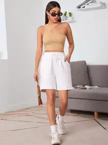 SHEIN Essnce 不對稱肩短版上衣 - 杏色 - 查看 5