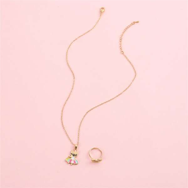 

Girls Cartoon Cat Charm Necklace & Ring, Multicolor