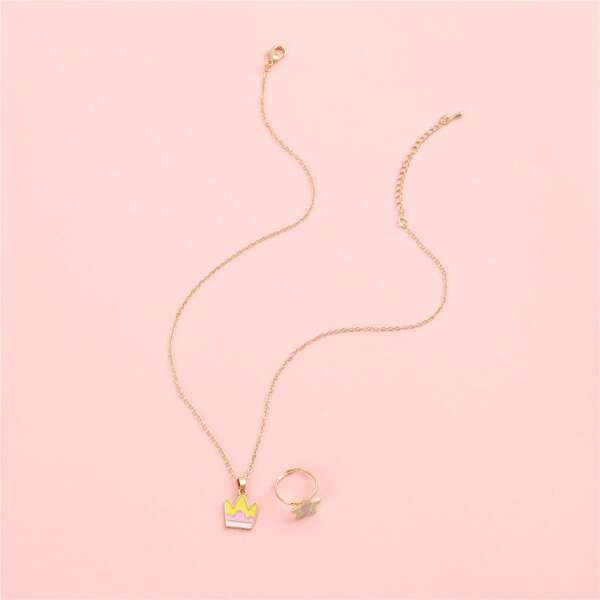 

Girls Crown Charm Necklace & Ring, Multicolor