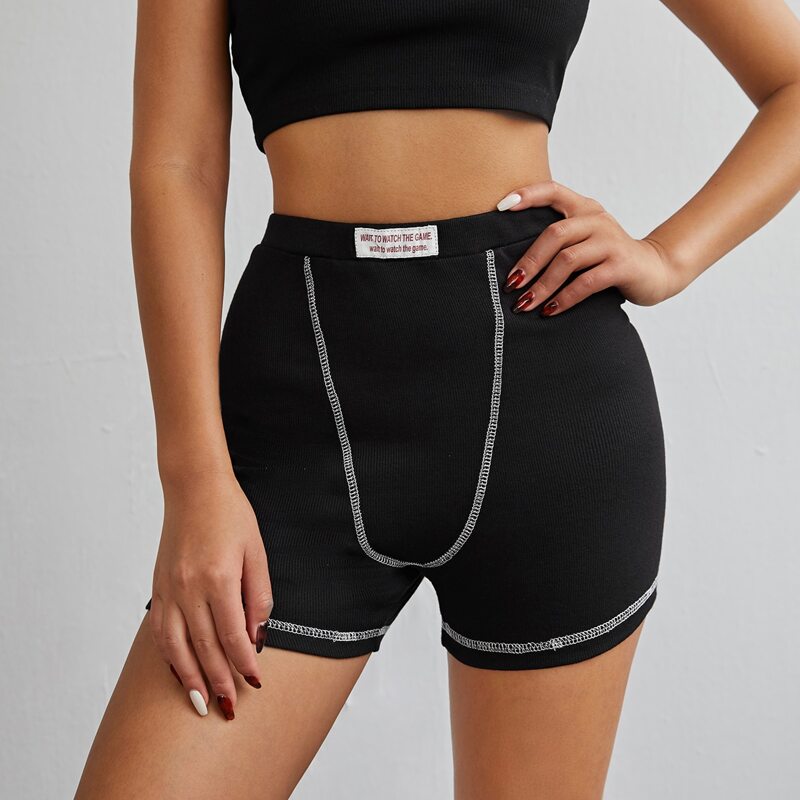 

Letter Patched Contrast Stitch Biker Shorts, Black