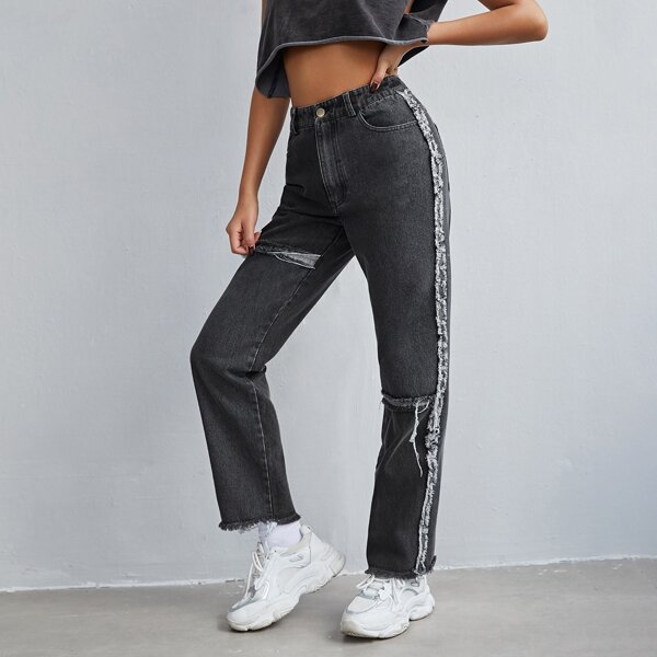 

High Waist Raw Hem Straight Leg Jeans, Dark grey