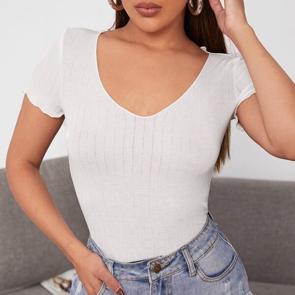 

Solid Rib-knit Lettuce Trim Slim Tee, White
