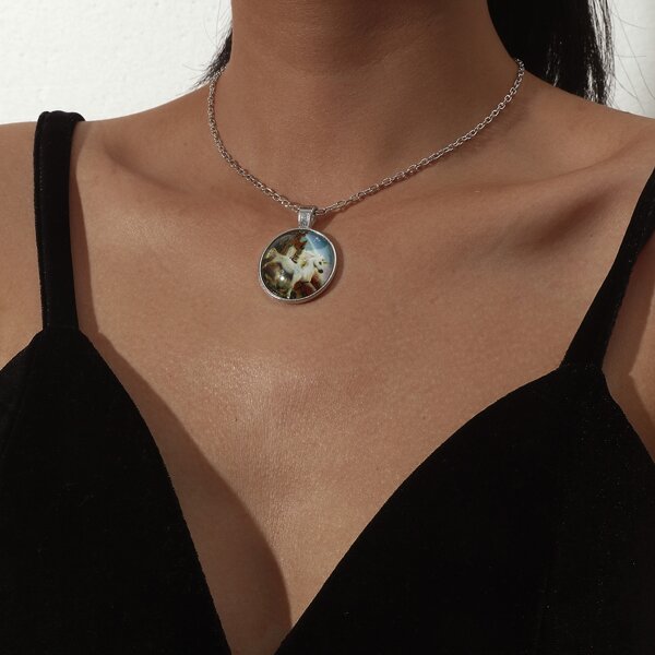 

Unicorn Pattern Round Charm Necklace, Silver