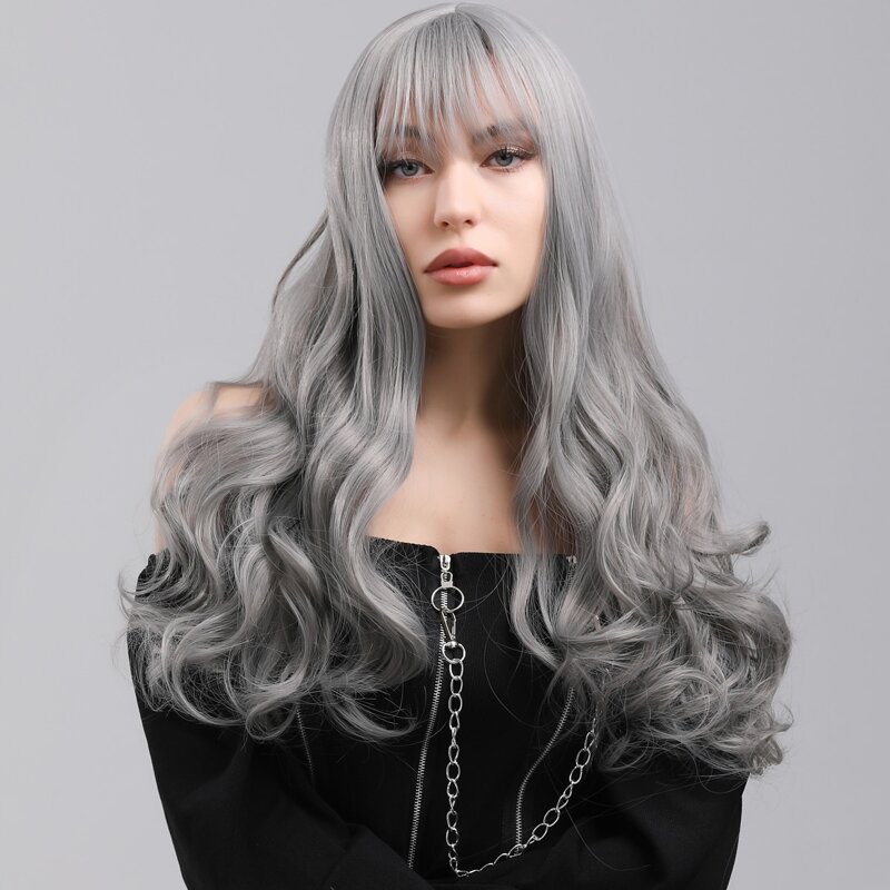 

Natural Long Curly Wig With Bangs, Grey