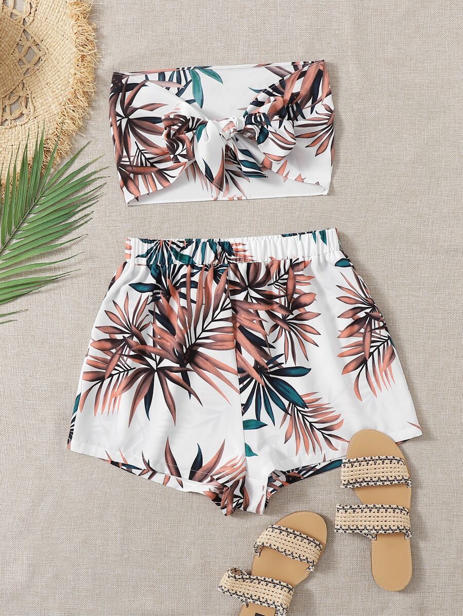 SHEIN VCAY Summer Beach Tropical Print Tie Front Two Piece Outfits Tube Top & Shorts Set - Multicolor - View 1