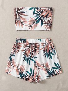SHEIN VCAY Summer Beach Tropical Print Tie Front Two Piece Outfits Tube Top & Shorts Set - Multicolor - View 2