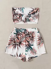 SHEIN VCAY Summer Beach Tropical Print Tie Front Two Piece Outfits Tube Top & Shorts Set - Multicolor - View 3