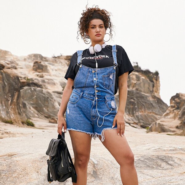 

Plus Button Front Raw Hem Denim Overalls, Blue