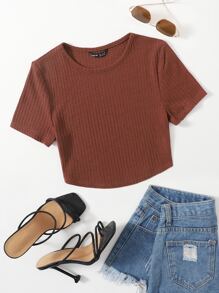 SHEIN EZwear Solid Waffle Knit Tee - Rust Brown - View 1