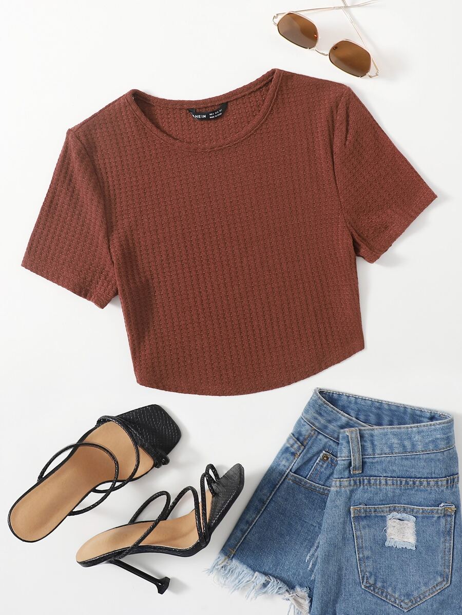 SHEIN EZwear Solid Waffle Knit Tee - Rust Brown - View 1