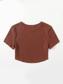 SHEIN EZwear Solid Waffle Knit Tee - Rust Brown - View 2