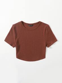 SHEIN EZwear Solid Waffle Knit Tee - Rust Brown - View 3