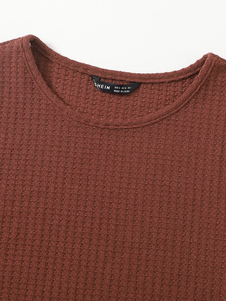 SHEIN EZwear Solid Waffle Knit Tee - Rust Brown - View 4