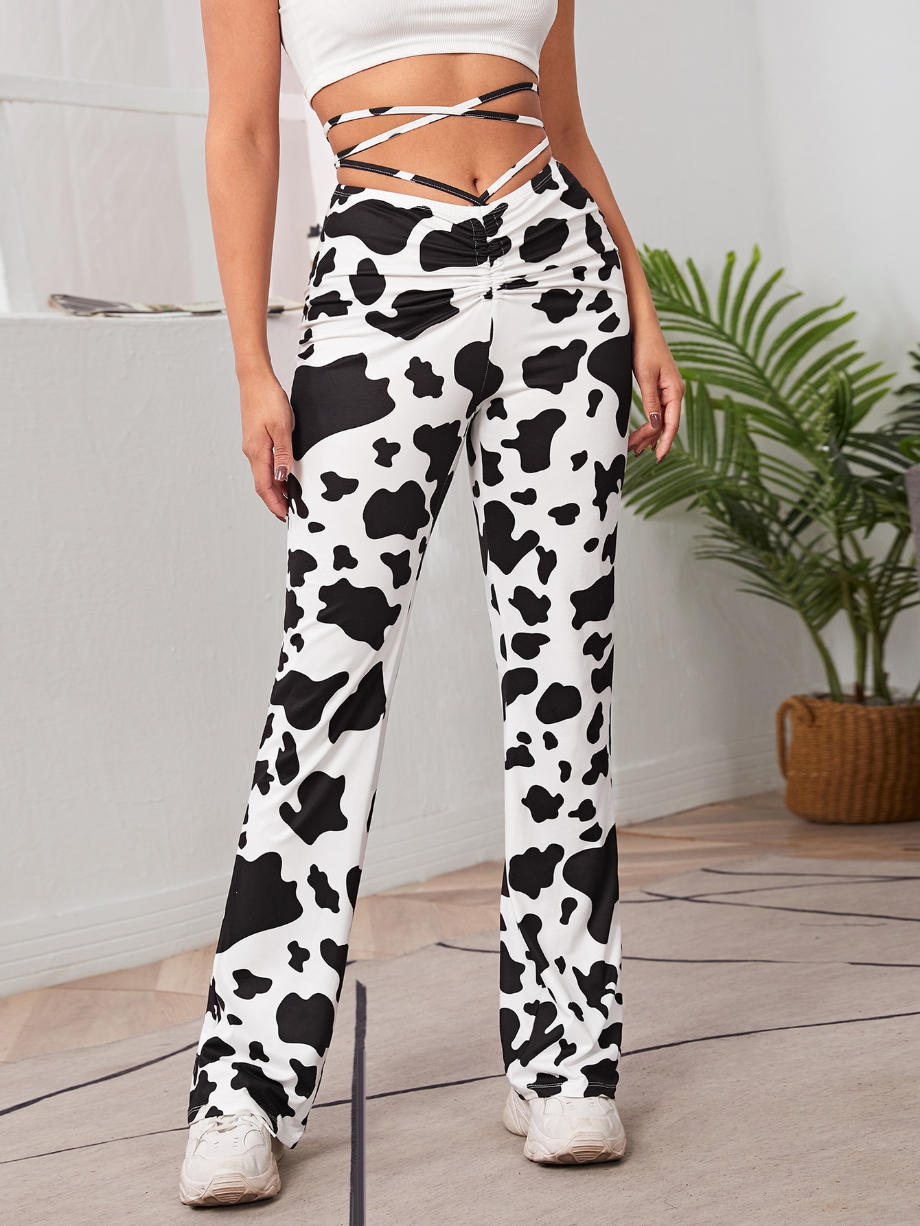 SHEIN SHEIN EZwear Cow Print Criss Cross Tie Back Pants