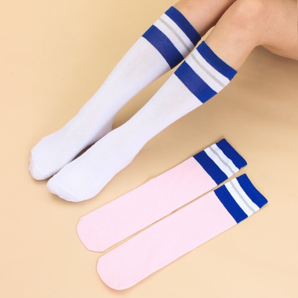 

2pairs Color Block Over The Calf Socks, Multicolor