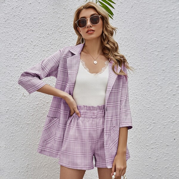 

Single Button Plaid Blazer With Shorts, Lilac purple