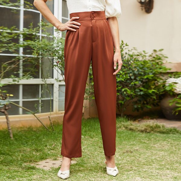 

Solid Button Front Pants, Rust brown