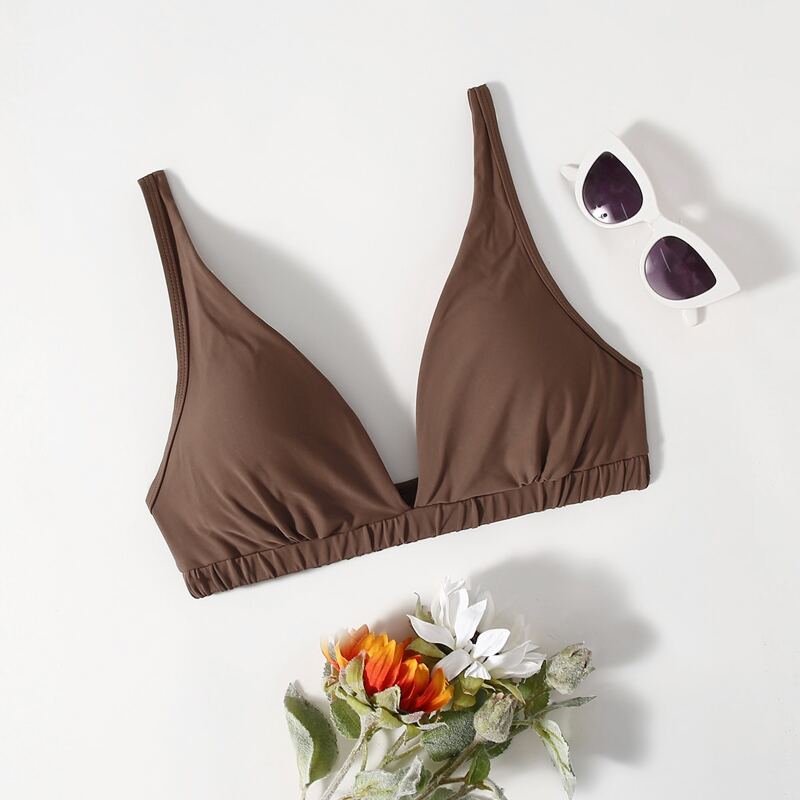 

Solid V Neck Bikini Top, Brown