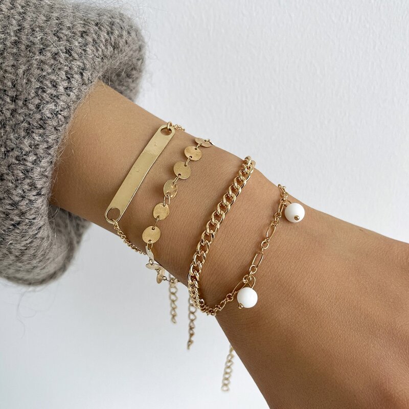 

4pcs Faux Pearl Charm Chain Bracelet, Gold