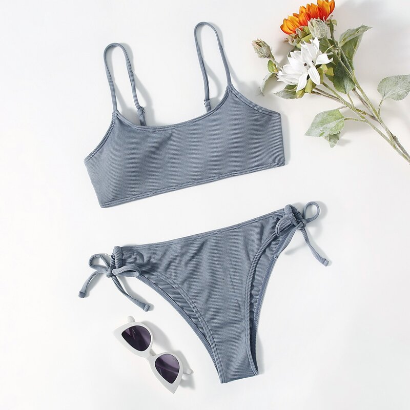 

Plain Tie Side Bikini Swimsuit, Grey