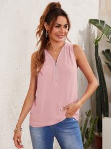 SHEIN LUNE 半開襟素色上衣 - 藕粉色 - 查看 5