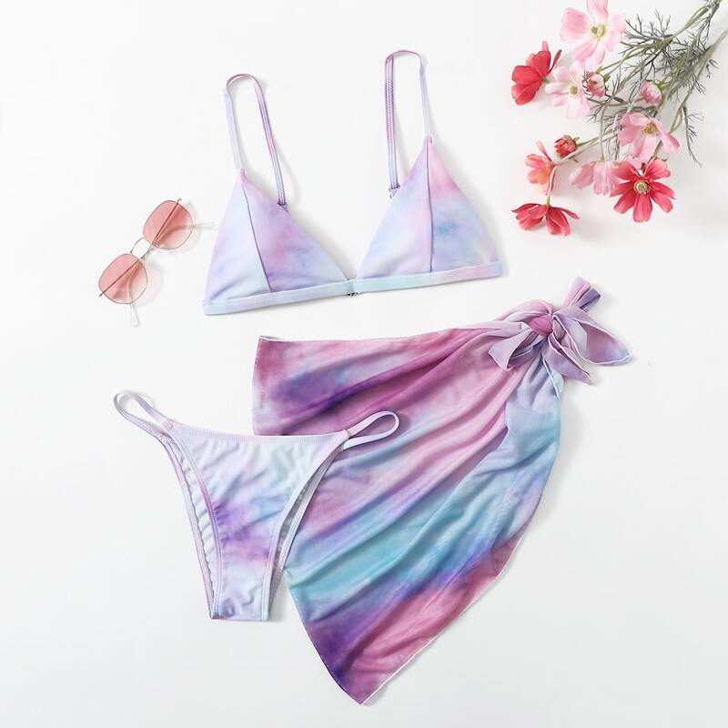 

3pack Tie Dye Bikini Swimsuit With Beach Skirt, Multicolor