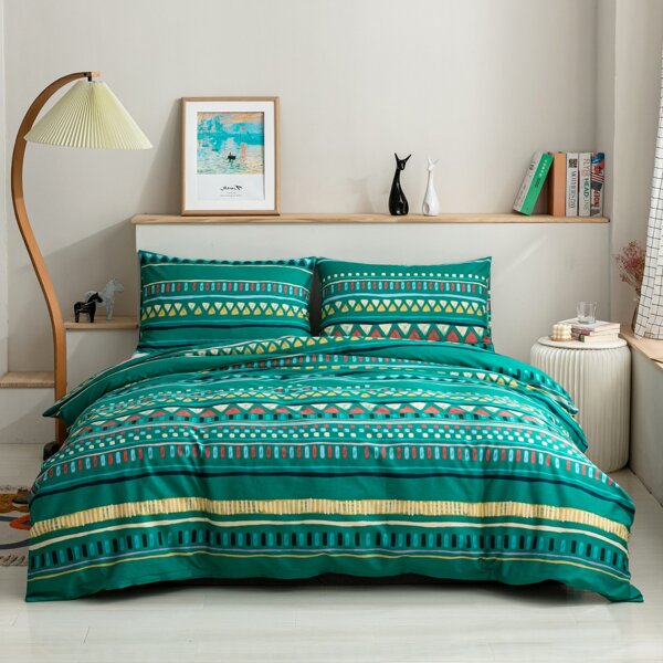 

Geometric Pattern Duvet Cover Set Without Filler, Green