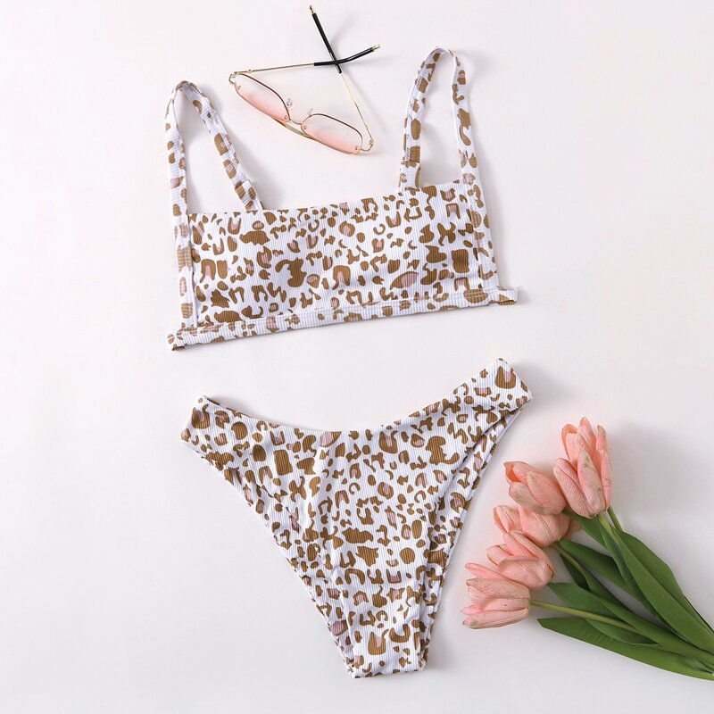 Leopard High Cut Bikini Swimsuit, Coffee brown