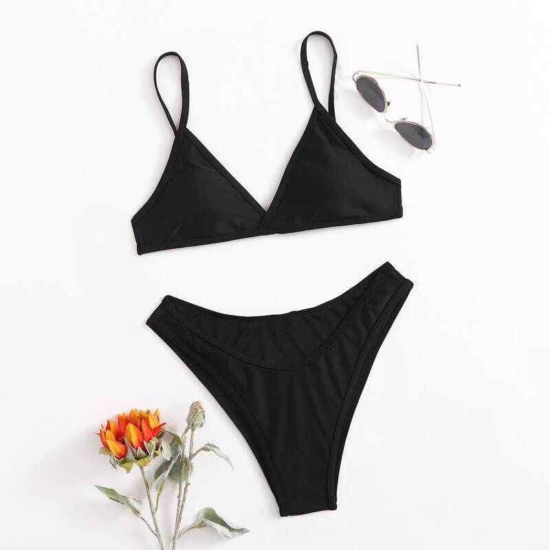 

Solid Triangle Bikini Swimsuit, Black