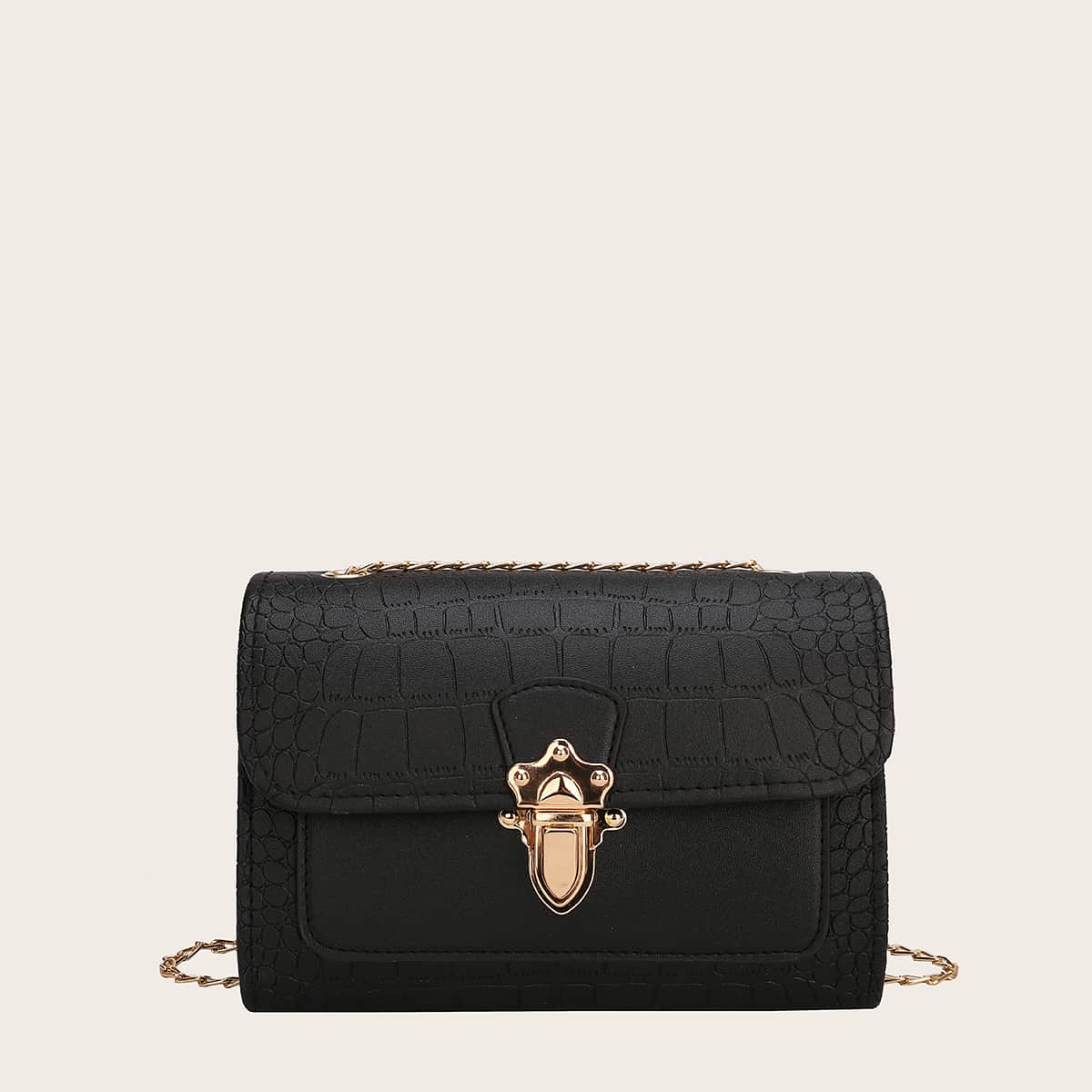 

Croc Embossed Square Bag, Black